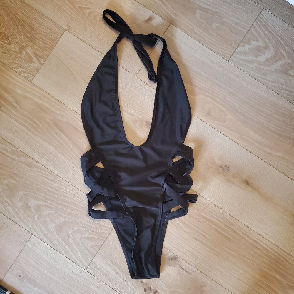 Black Halter Monokini with Side Cut Outs | Medium